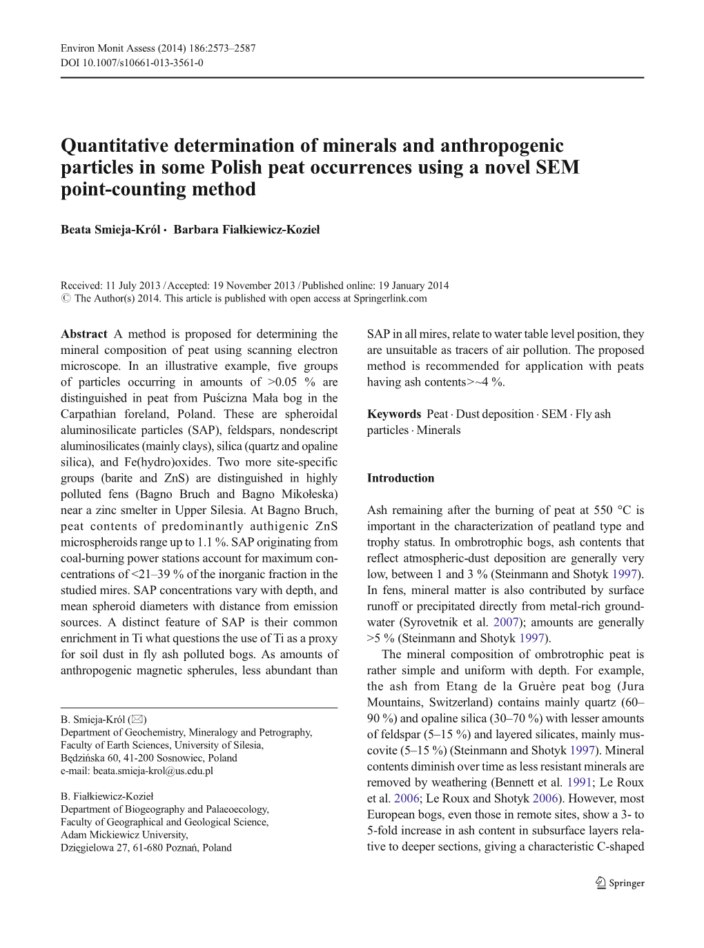 Quantitative Determination of Minerals and Anthropogenic Particles in Some Polish Peat Occurrences Using a Novel SEM Point-Counting Method