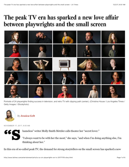 The Peak TV Era Has Sparked a New Love Affair Between Playwrights and the Small Screen - LA Times 12/2/17, 6:51 AM