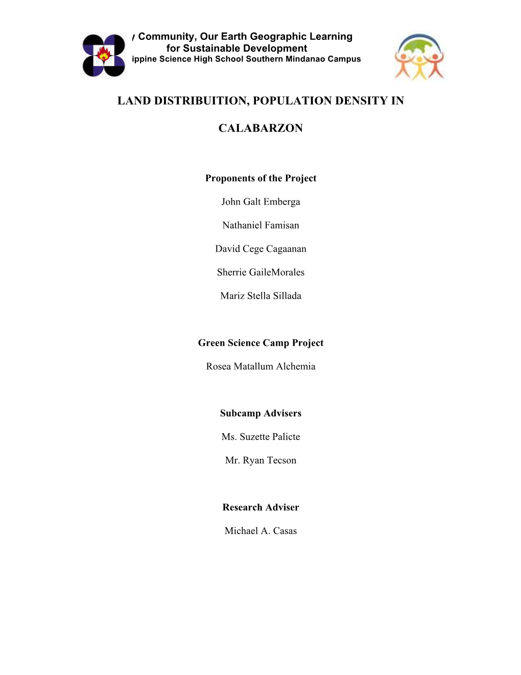 Land Distribuition, Population Density in Calabarzon