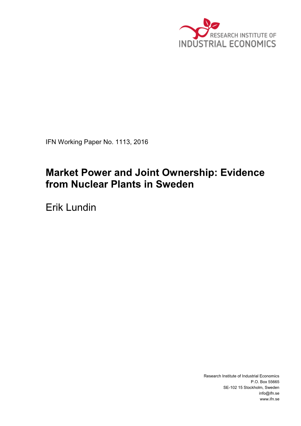 Market Power and Joint Ownership: Evidence from Nuclear Plants in Sweden