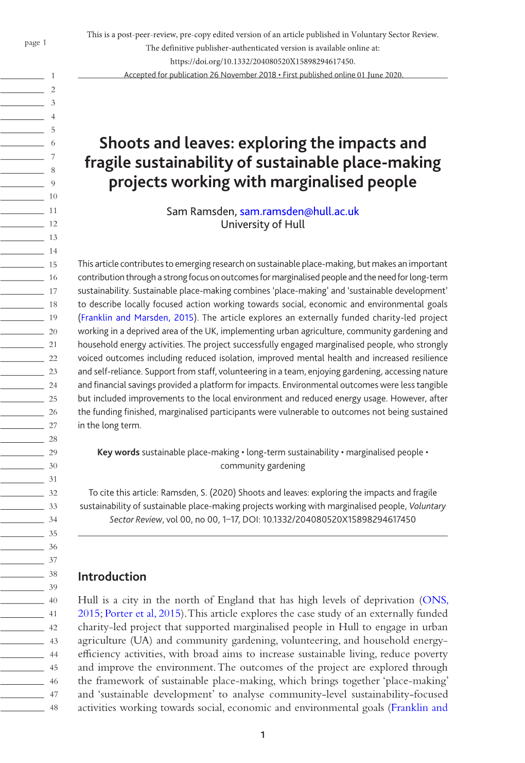 Shoots and Leaves: Exploring the Impacts and Fragile Sustainability of Sustainable Place-Making Projects Working with Marginalis