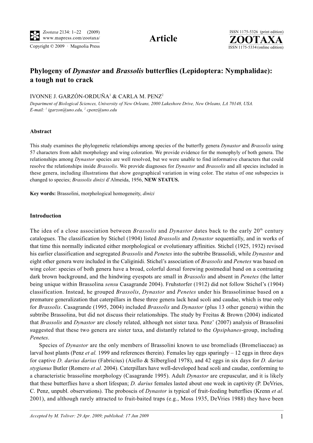 Zootaxa, Phylogeny of Dynastor and Brassolis Butterflies (Lepidoptera