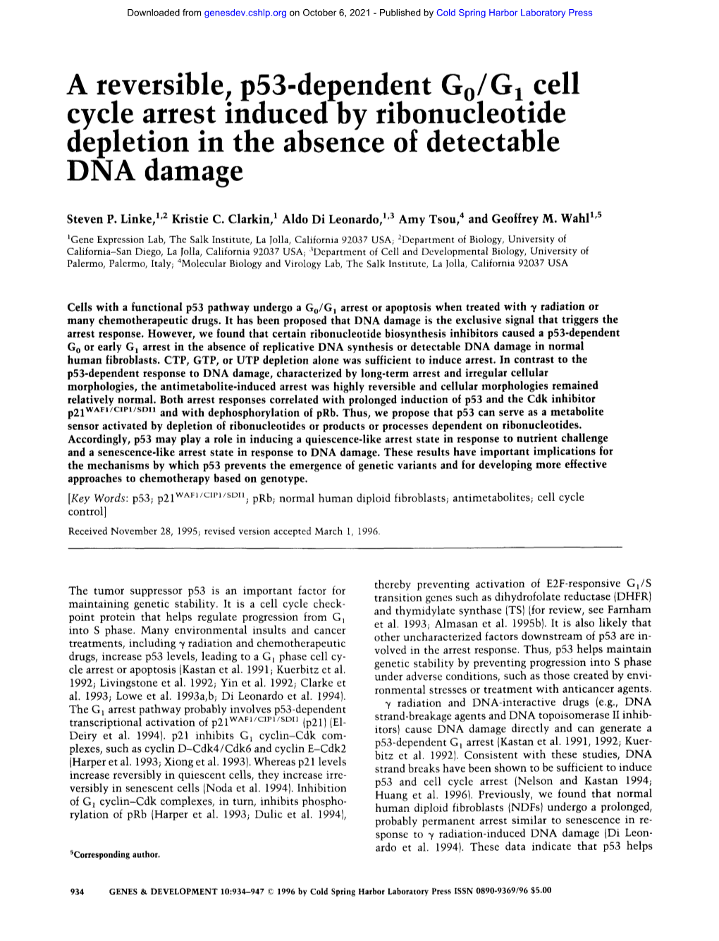 A Reversible, P53-Dependent Go/G1 Cell Cycle Arrest Induced by Ribonucleotide Deplenon in the Absence of Detectable DNA Damage