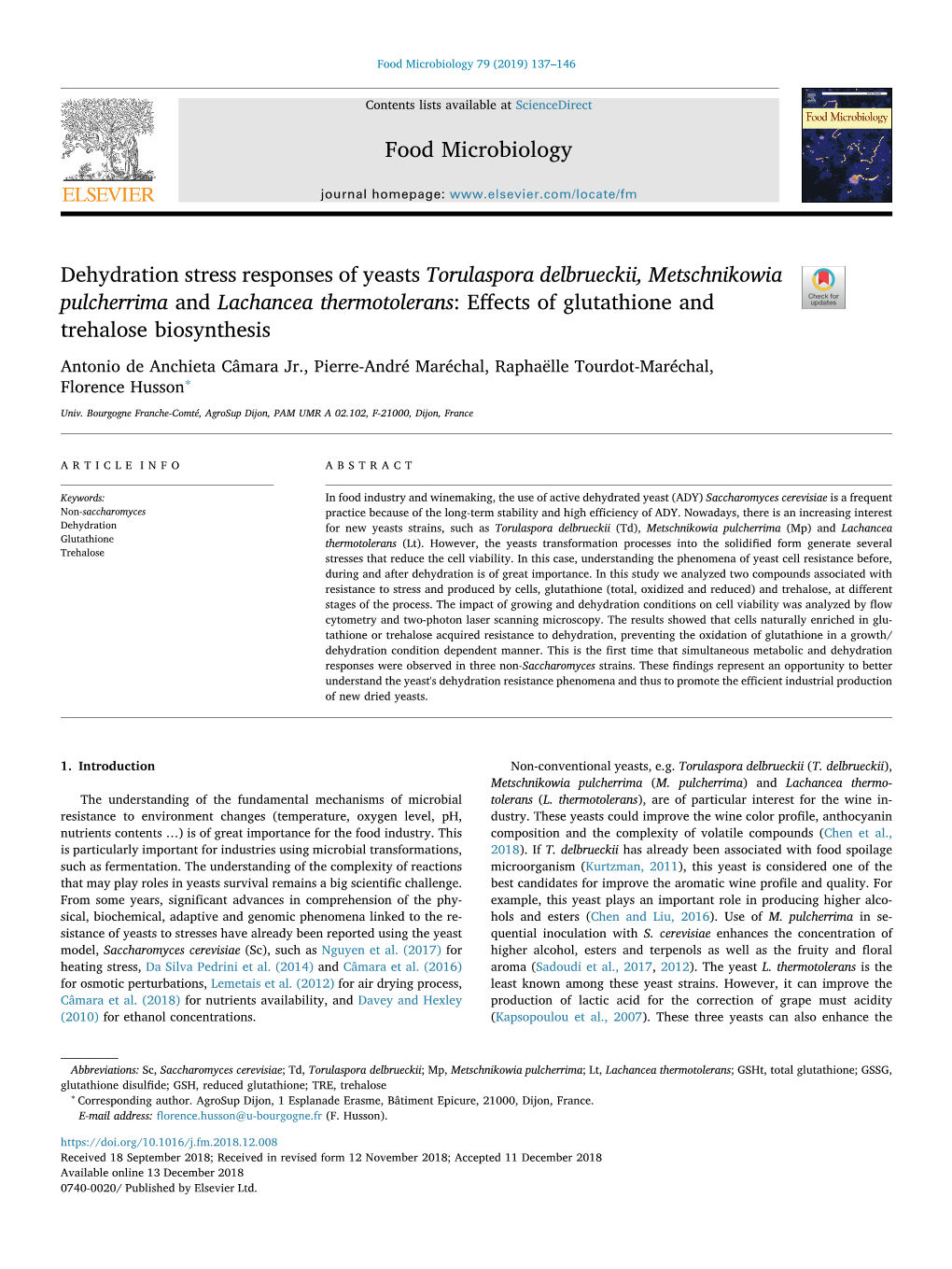 Food Microbiology Dehydration Stress Responses of Yeasts Torulaspora