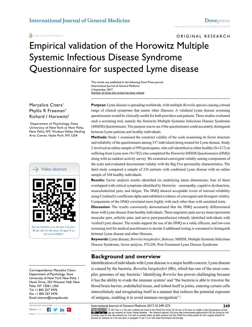 Empirical Validation of the Horowitz Multiple Systemic Infectious Disease Syndrome Questionnaire for Suspected Lyme Disease