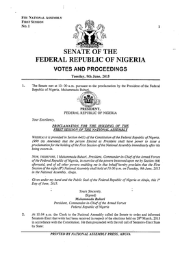 SENATE of the FEDERAL REPUBLIC of NIGERIA VOTES and PROCEEDINGS Tuesday, 9Th June, 2015