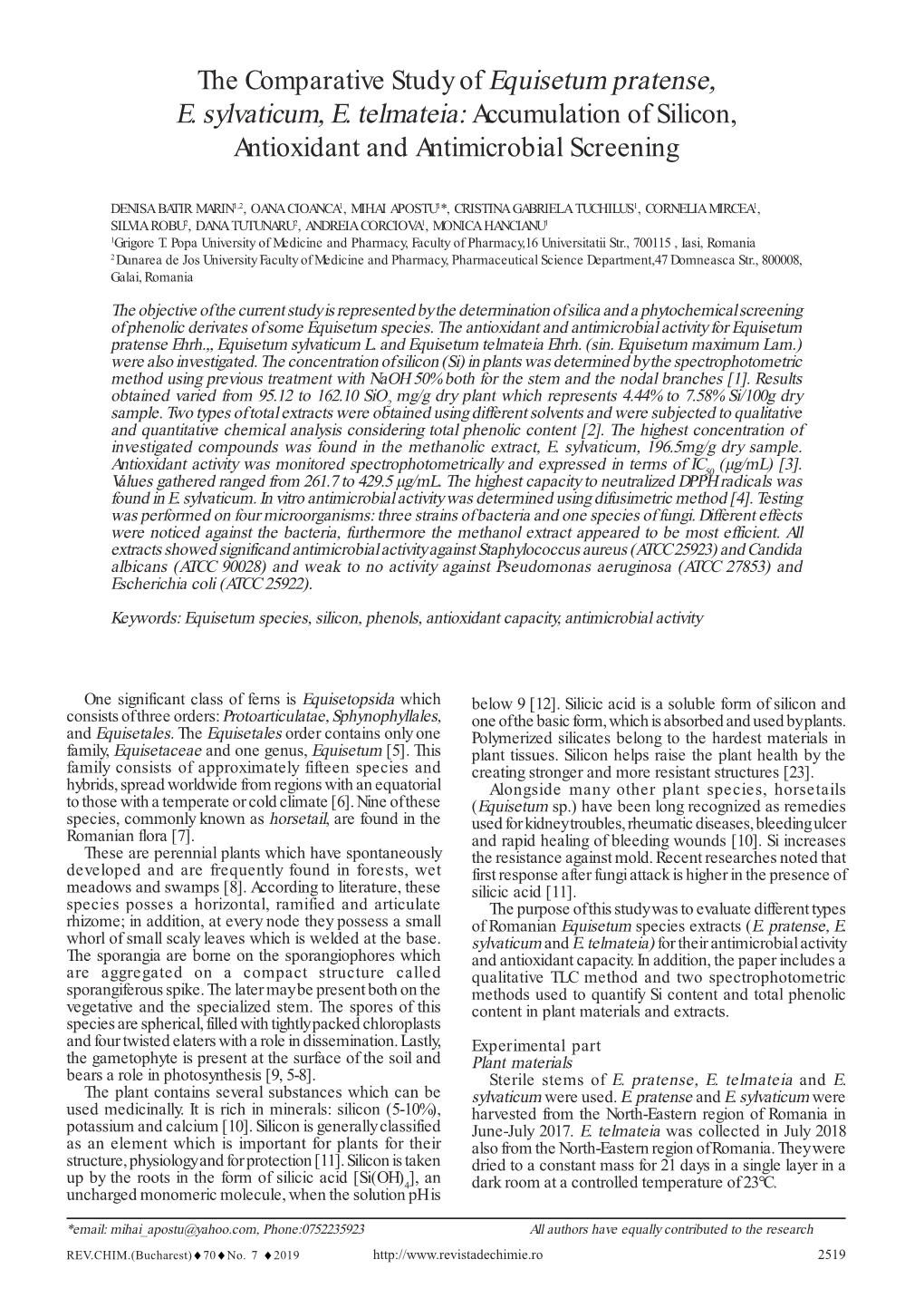 The Comparative Study of Equisetum Pratense, E. Sylvaticum, E. Telmateia: Accumulation of Silicon, Antioxidant and Antimicrobial Screening