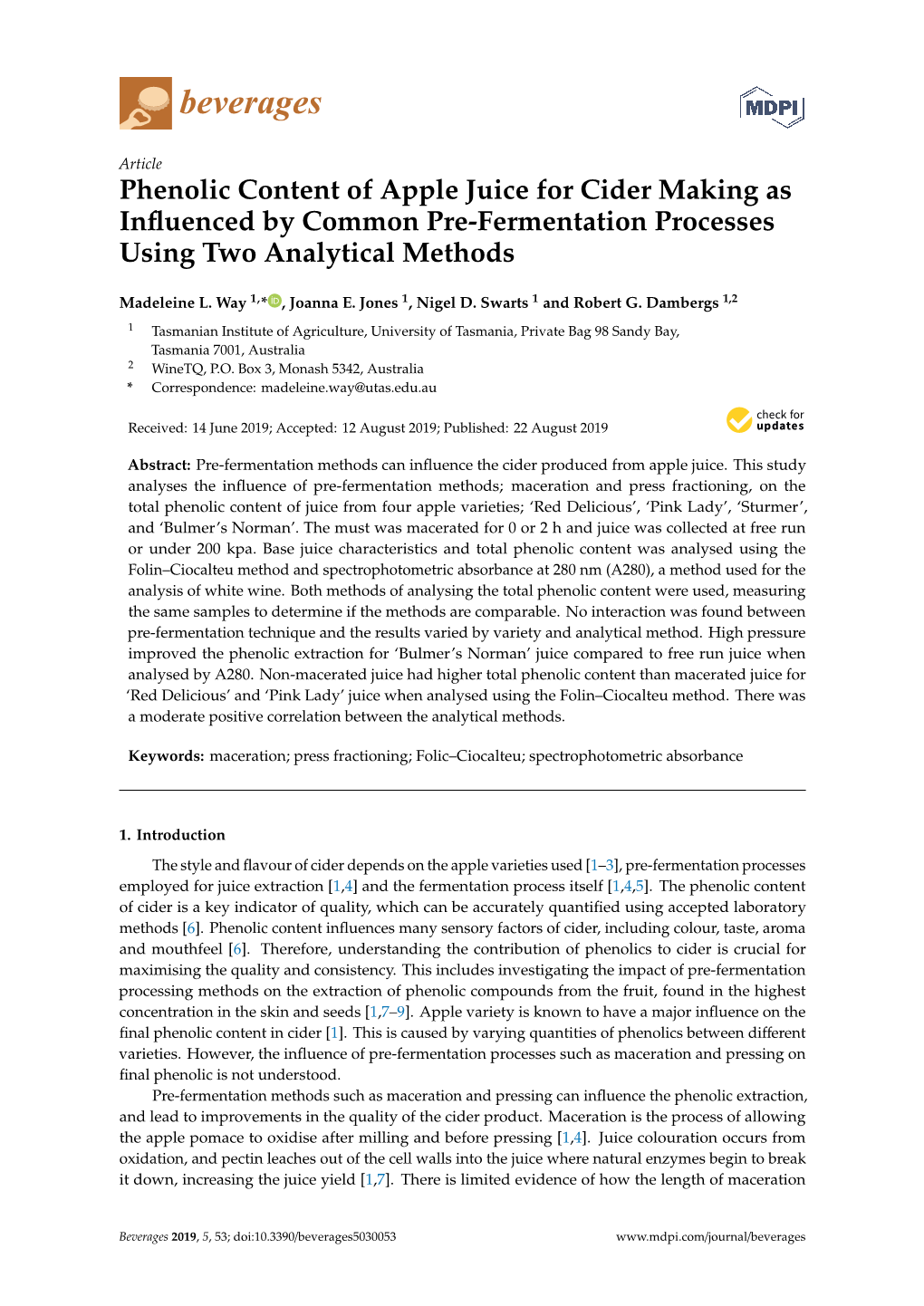 Phenolic Content of Apple Juice for Cider Making As Influenced