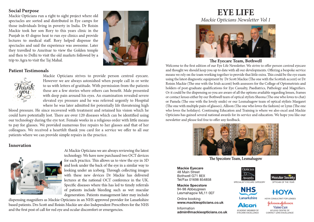 EYE LIFE Spectacles Are Sorted and Distributed in Eye Camps for Mackie Opticians Newsletter Vol 1 Those Individuals Living in Poverty in India