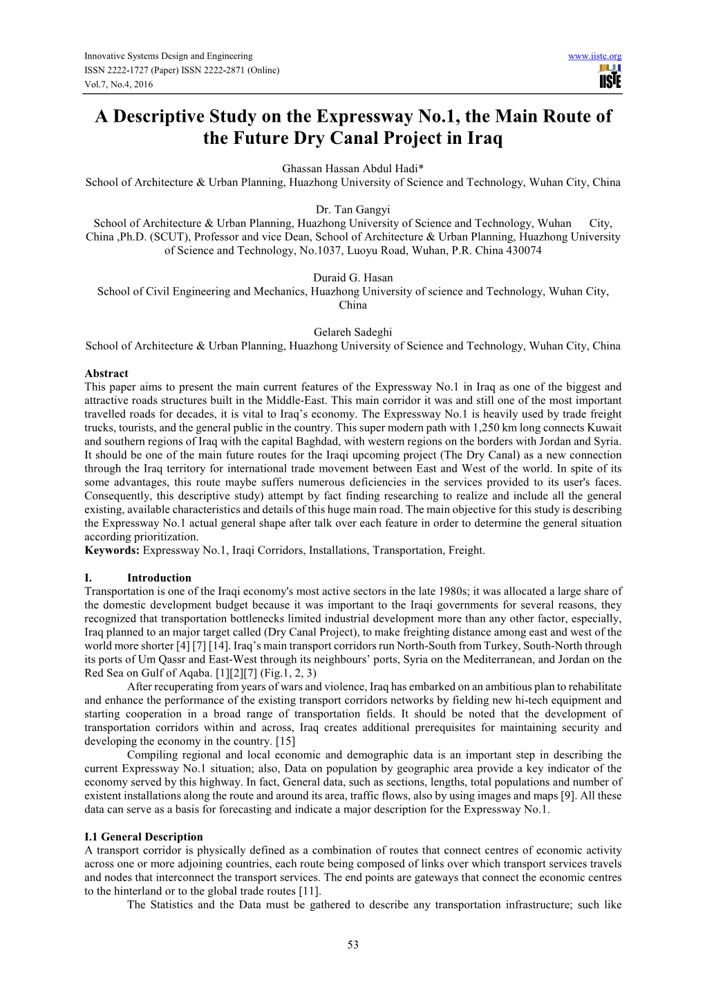 A Descriptive Study on the Expressway No.1, the Main Route of the Future Dry Canal Project in Iraq