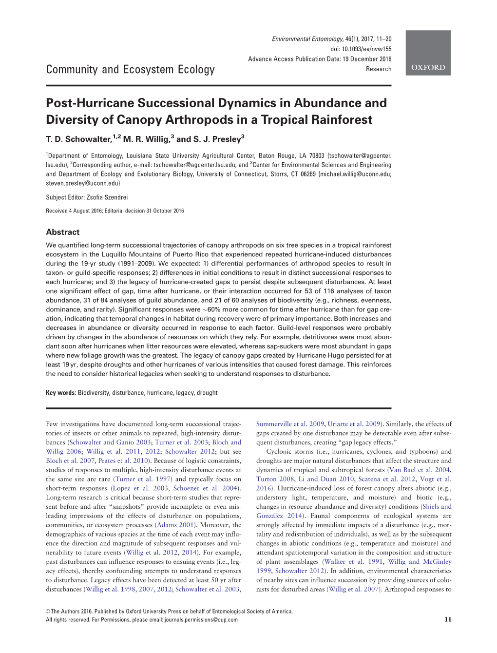 Post-Hurricane Successional Dynamics in Abundance and Diversity of Canopy Arthropods in a Tropical Rainforest