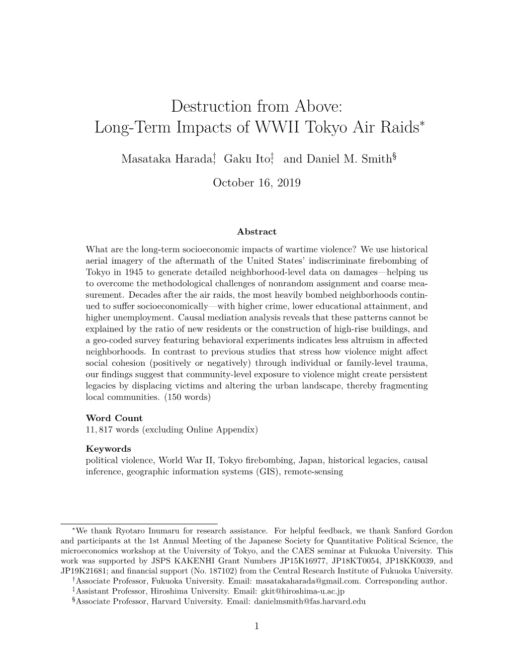 Destruction from Above: Long-Term Impacts of WWII Tokyo Air Raids∗