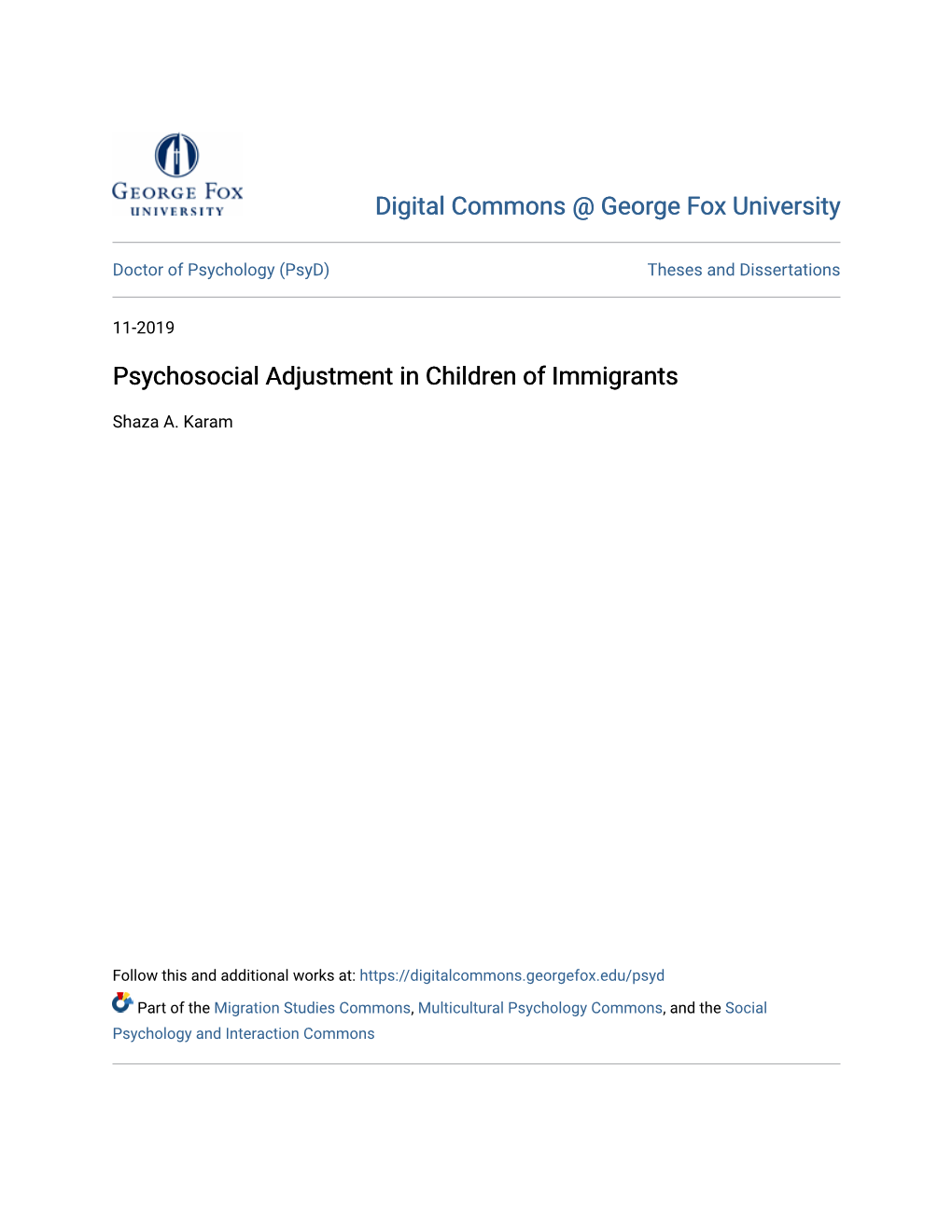 Psychosocial Adjustment in Children of Immigrants