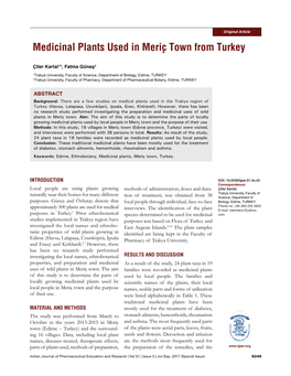 Medicinal Plants Used in Meriç Town from Turkey