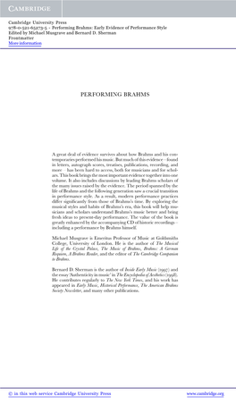 Performing Brahms: Early Evidence of Performance Style Edited by Michael Musgrave and Bernard D