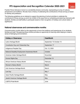 FPS Appreciation and Recognition Calendar 2020-2021