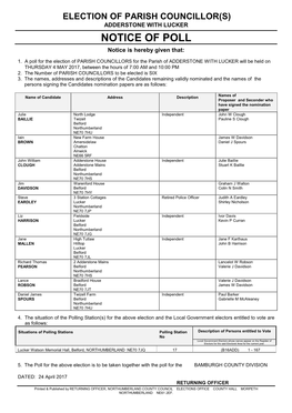 NOTICE of POLL Notice Is Hereby Given That