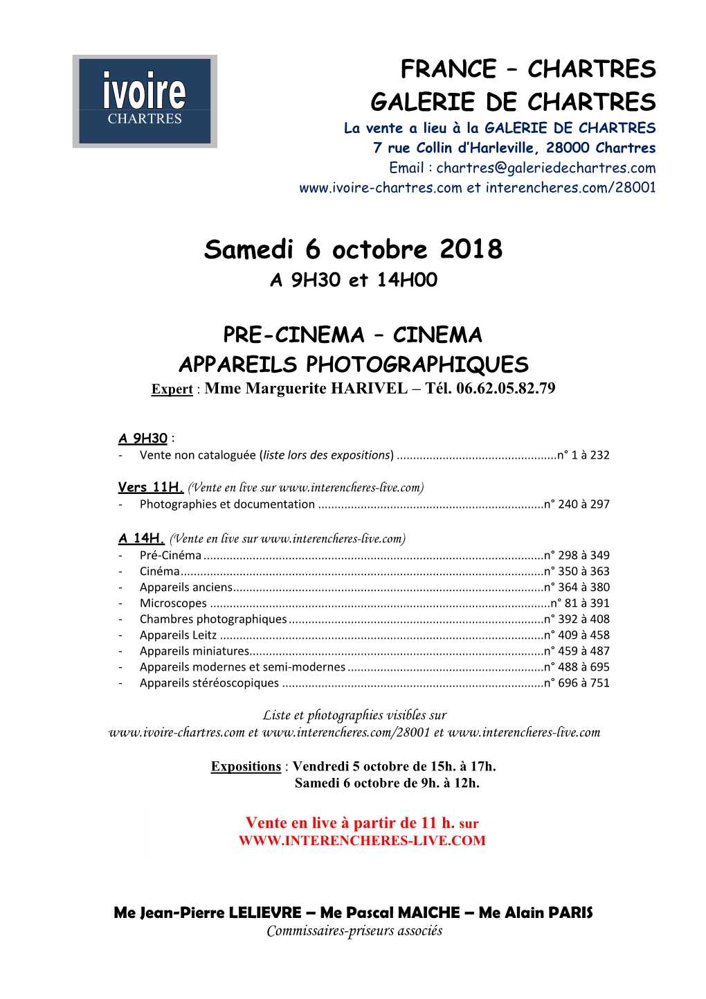 Samedi 6 Octobre 2018 a 9H30 Et 14H00