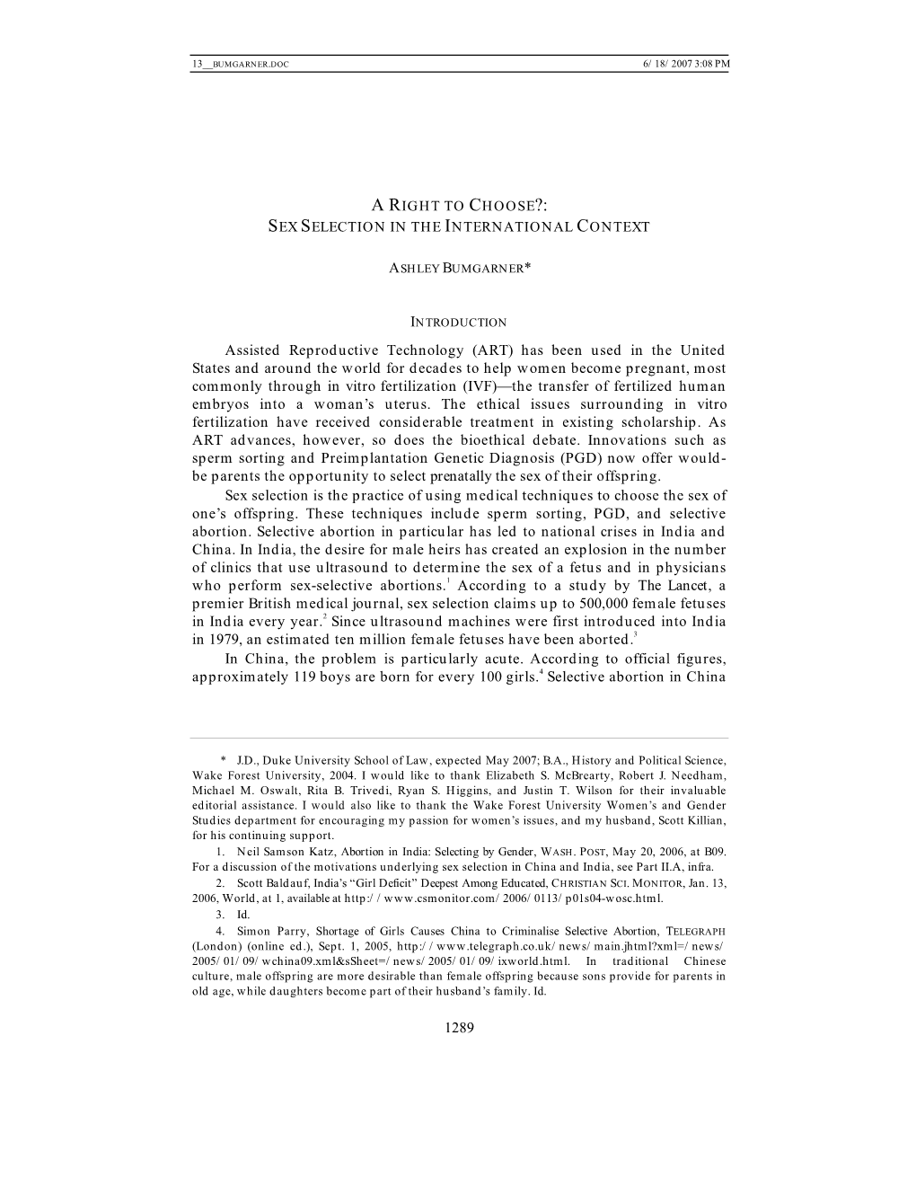 A Right to Choose?: Sex Selection in the International Context