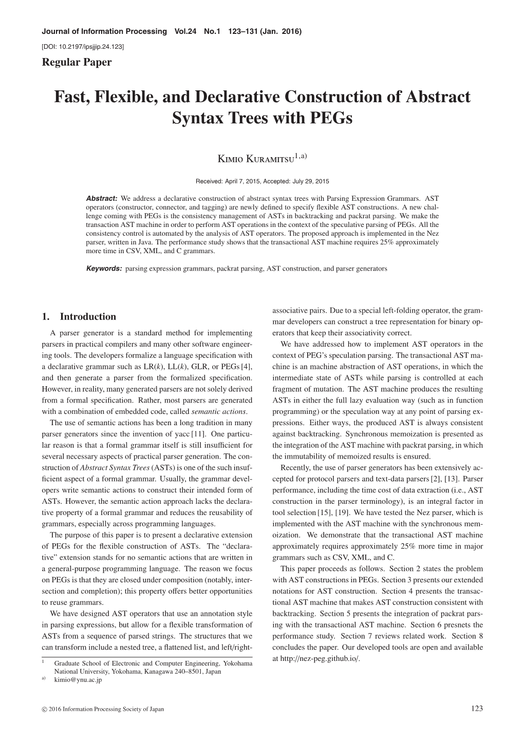 Fast, Flexible, and Declarative Construction of Abstract Syntax Trees with Pegs