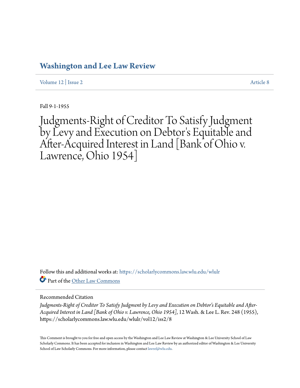 Judgments-Right of Creditor to Satisfy Judgment by Levy and Execution on Debtor's Equitable and After-Acquired Interest in Land [Bank of Ohio V