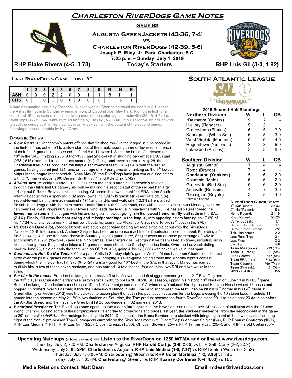 Charleston Riverdogs Game Notes