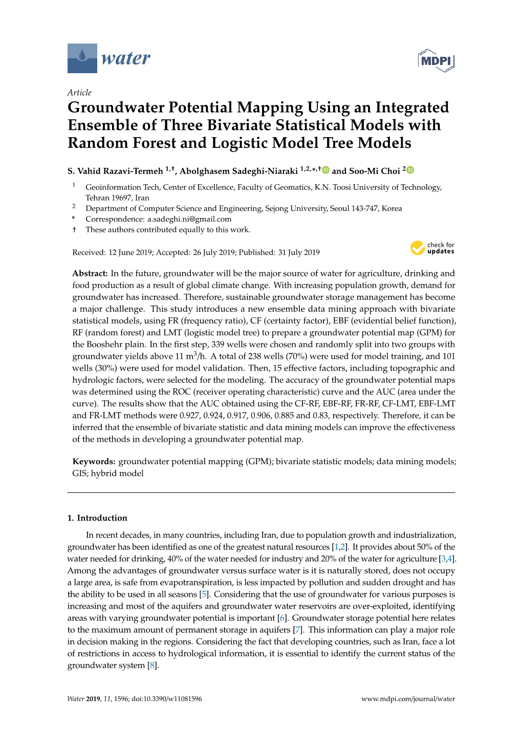 Groundwater Potential Mapping Using an Integrated Ensemble of Three Bivariate Statistical Models with Random Forest and Logistic Model Tree Models