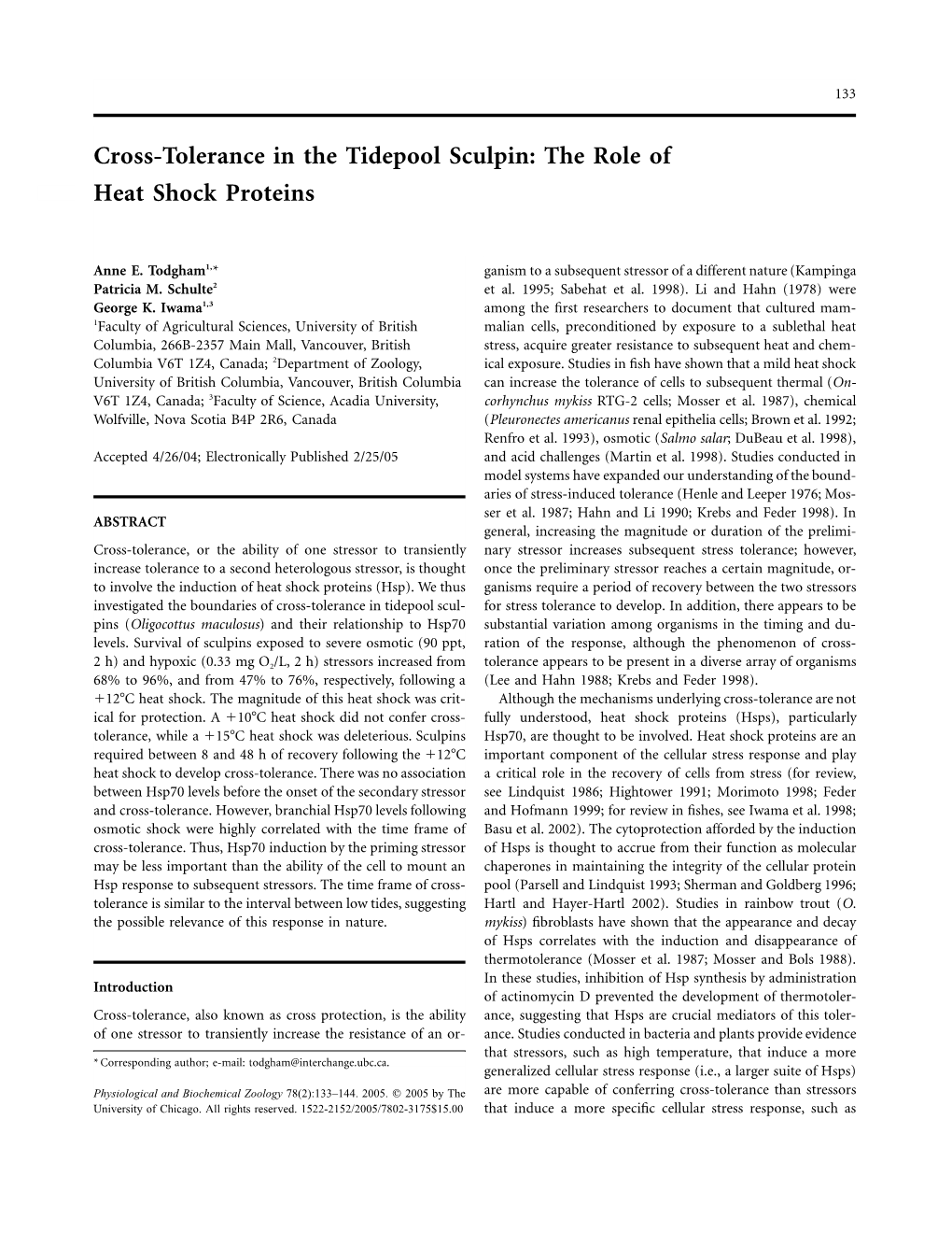 Cross-Tolerance in the Tidepool Sculpin: the Role of Heat Shock Proteins