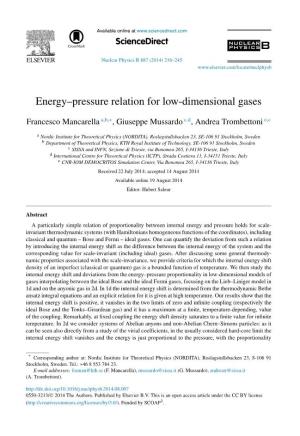 Energy–Pressure Relation for Low-Dimensional Gases