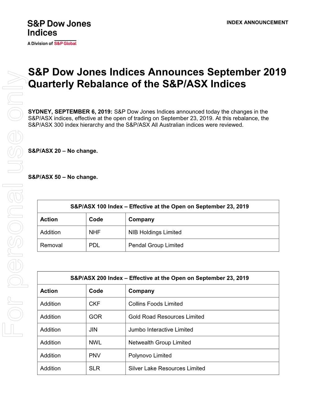 S&P Dow Jones Indices Announcement September 2019 Quarterly Rebalance