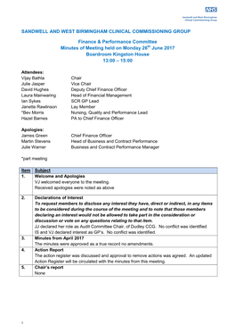 SANDWELL and WEST BIRMINGHAM CLINICAL COMMISSIONING GROUP Finance & Performance Committee Minutes of Meeting Held on Monday