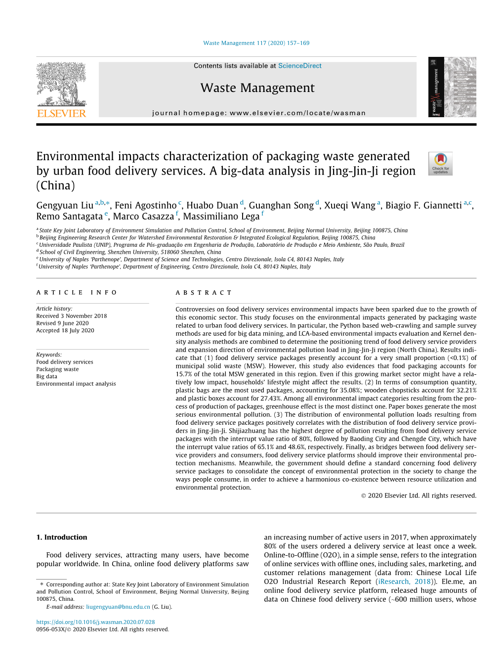 Environmental Impacts Characterization of Packaging Waste Generated by Urban Food Delivery Services
