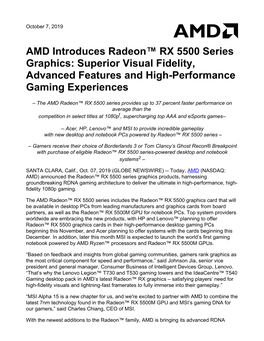 AMD Introduces Radeon™ RX 5500 Series Graphics: Superior Visual Fidelity, Advanced Features and High-Performance Gaming Experiences