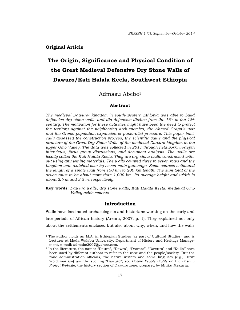 The Origin, Significance and Physical Condition of the Great Medieval Defensive Dry Stone Walls of Dawuro/Kati Halala Keela, Southwest Ethiopia