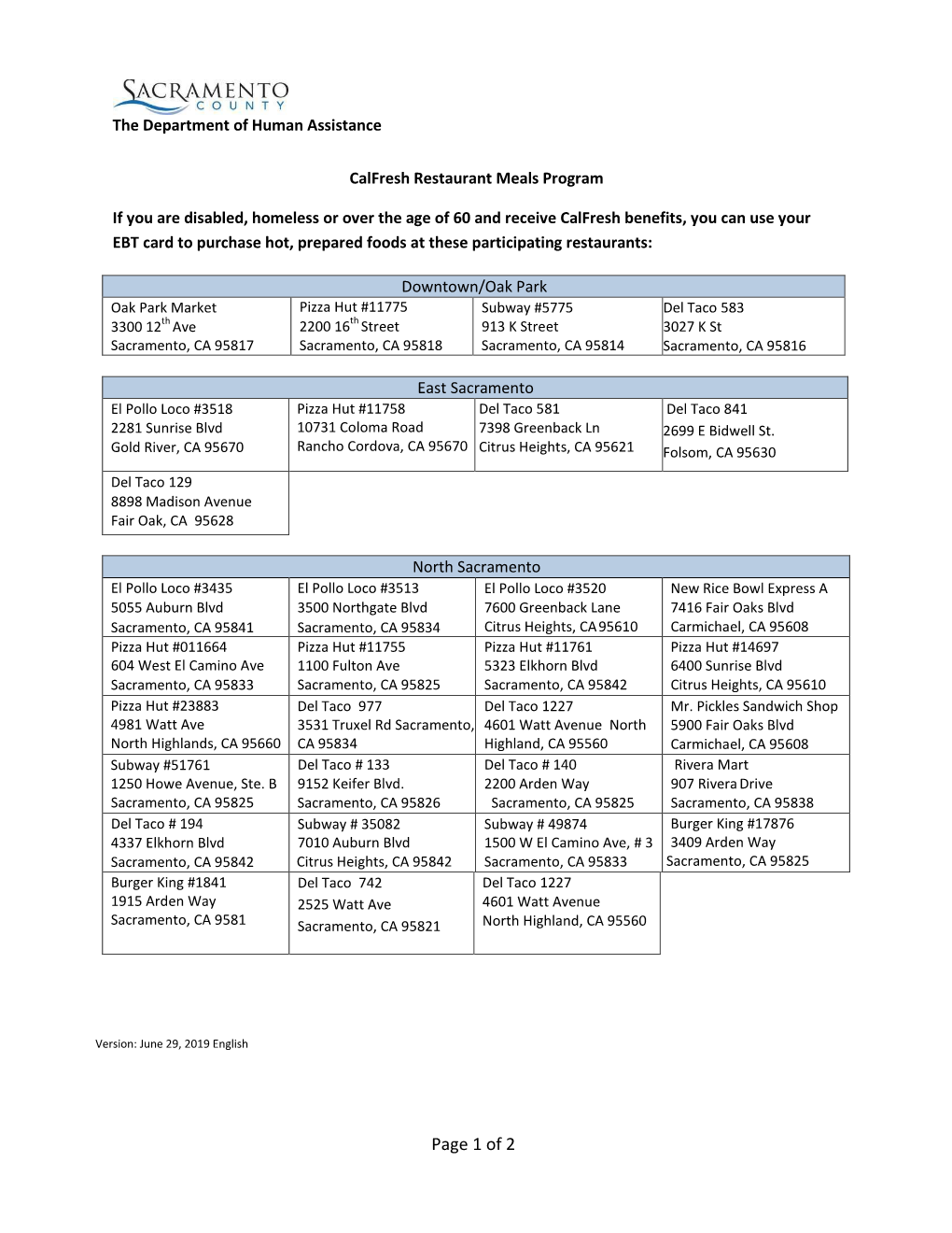 Calfresh Restaurant Meals Program List