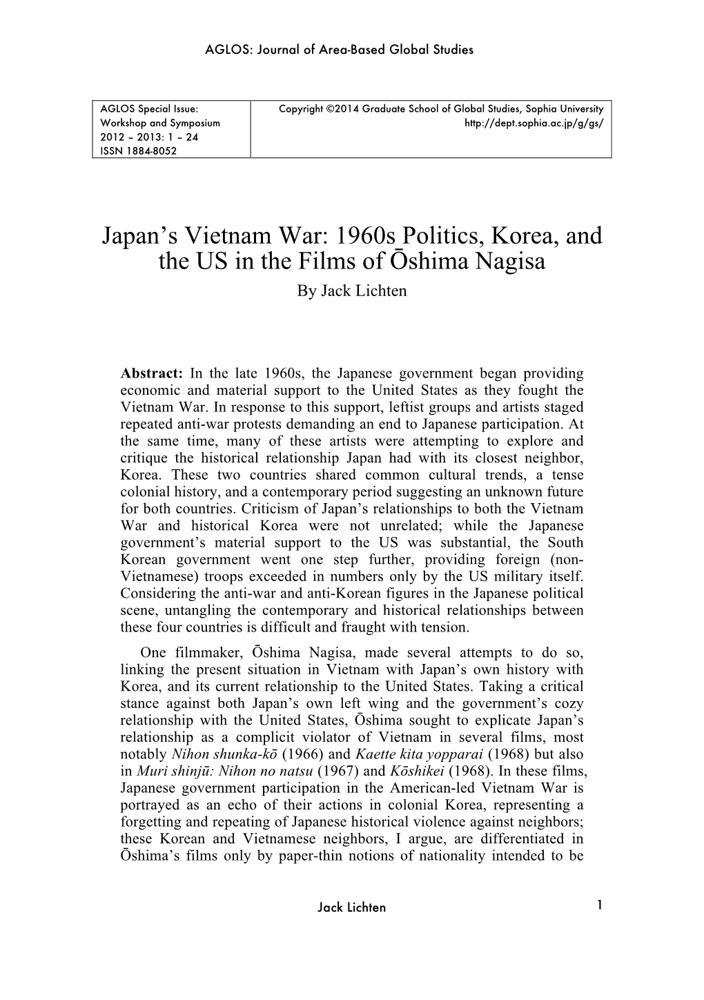 Japan's Vietnam War: 1960S Politics, Korea, and the US in the Films Of