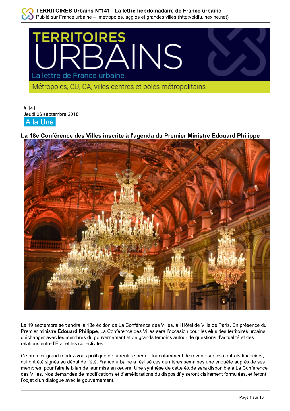 TERRITOIRES Urbains N°141 - La Lettre Hebdomadaire De France Urbaine Publié Sur France Urbaine – Métropoles, Agglos Et Grandes Villes (