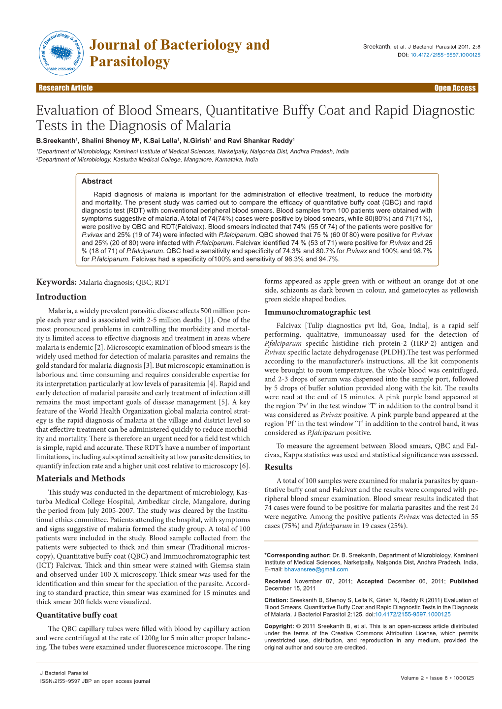 Evaluation of Blood Smears, Quantitative Buffy Coat and Rapid