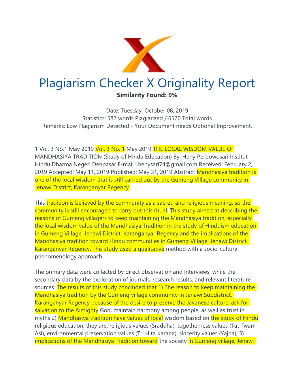 Plagiarism Checker X Originality Report Similarity Found: 9%