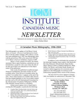 NEWSLETTER Published by the Institute for Canadian Music, Faculty of Music, University of Toronto