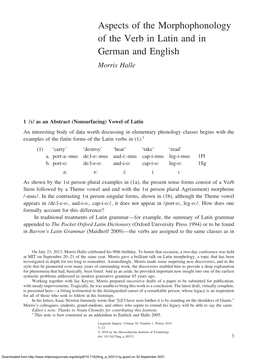 Aspects of the Morphophonology of the Verb in Latin and in German and English Morris Halle