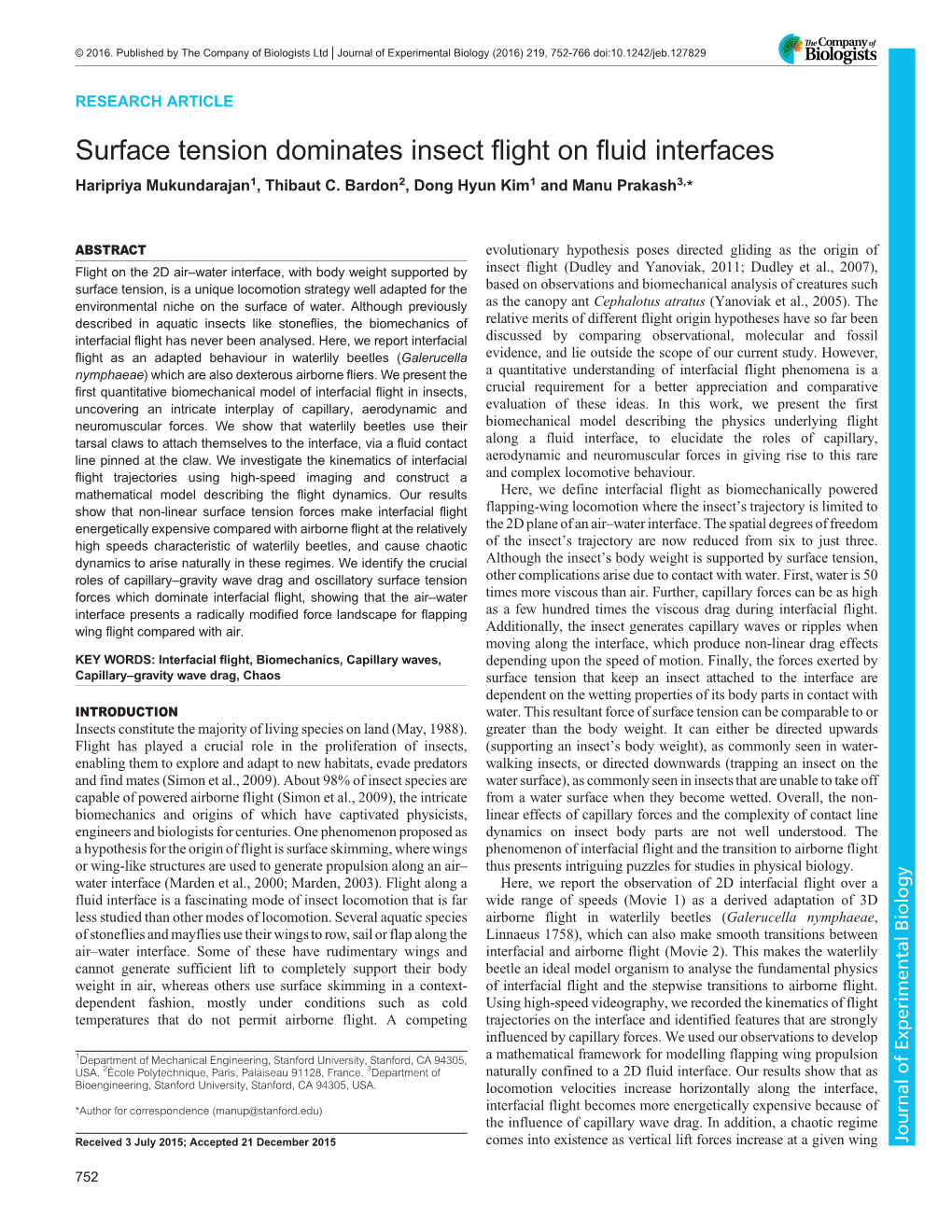Surface Tension Dominates Insect Flight on Fluid Interfaces Haripriya Mukundarajan1, Thibaut C