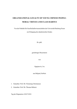 Organizational Loyalty of Young Chinese People: Moral Virtues And