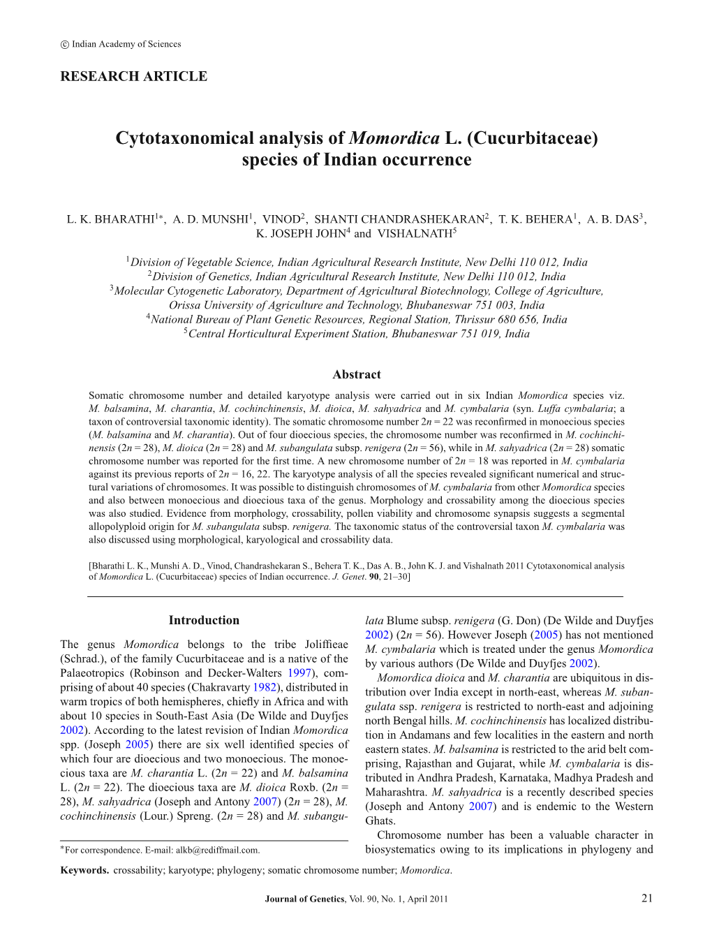 Cytotaxonomical Analysis of Momordica L. (Cucurbitaceae) Species of Indian Occurrence