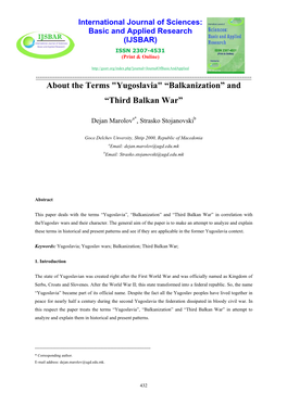 About the Terms "Yugoslavia" “Balkanization” and “Third Balkan War”