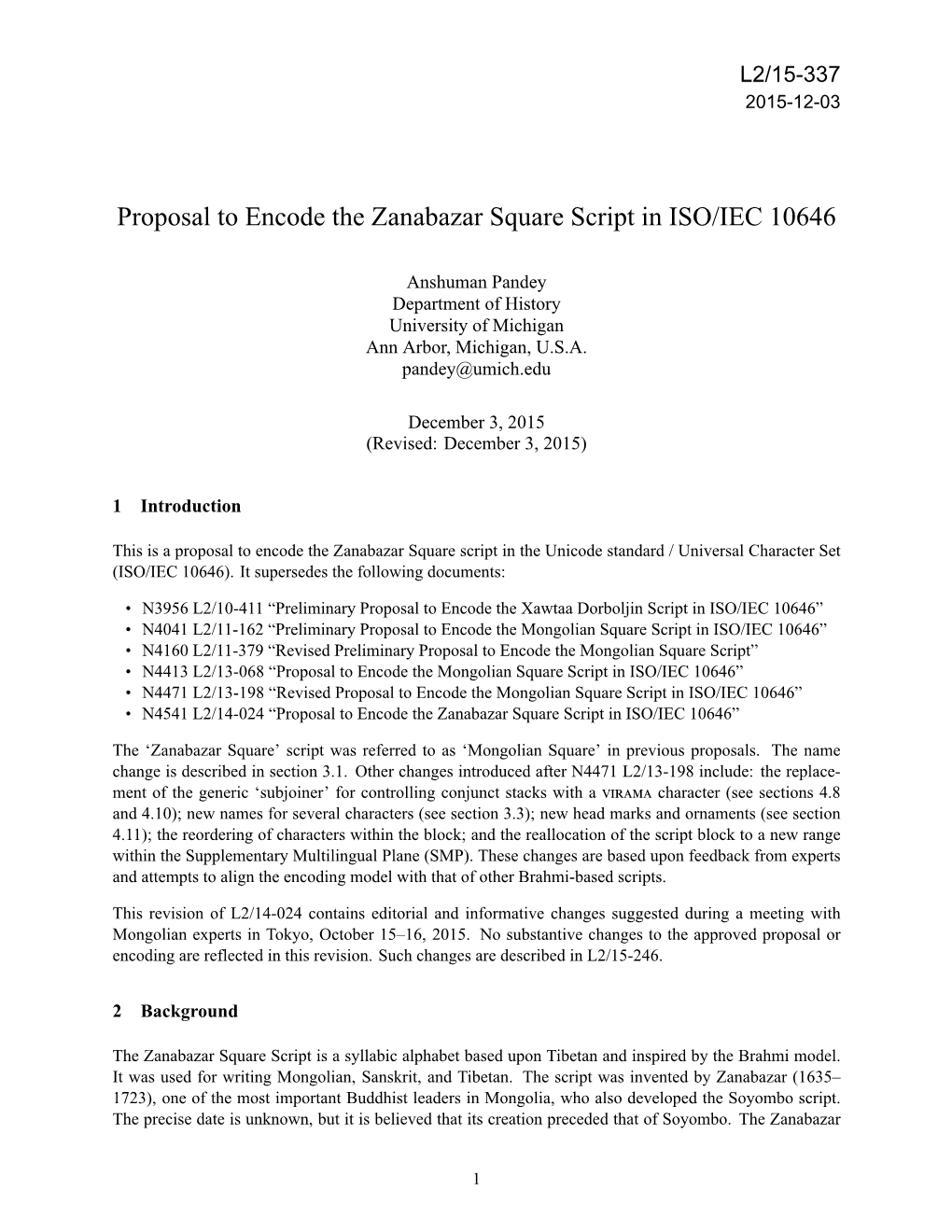 Proposal to Encode the Zanabazar Square Script in ISO/IEC 10646