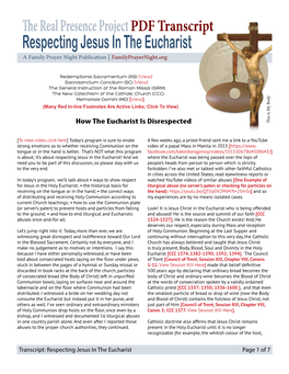 Respecting Jesus in the Eucharist a Family Prayer Night Publication | Familyprayernight.Org