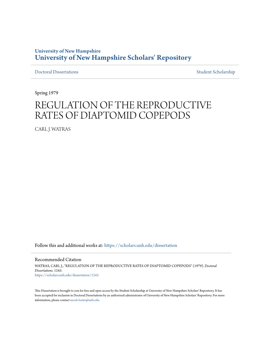 Regulation of the Reproductive Rates of Diaptomid Copepods Carl J