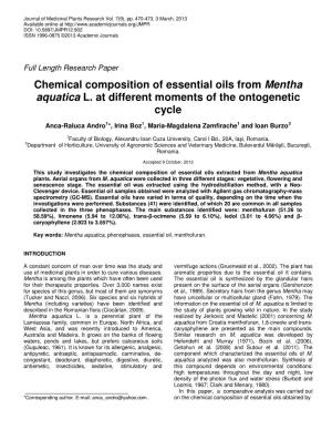 Chemical Composition of Essential Oils from Mentha Aquatica L. at Different Moments of the Ontogenetic Cycle