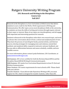Rutgers University Writing Program 201: Research and Writing in the Disciplines Course List Fall 2017